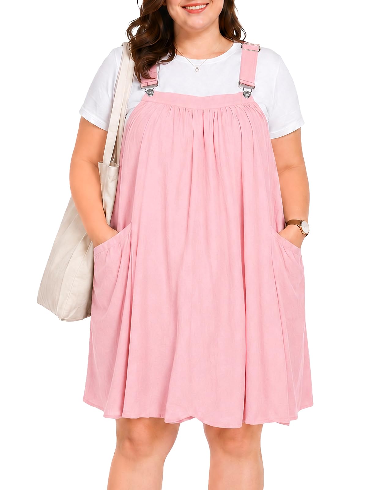 Moon Wood Plus Size Cotton Overall Dress for Women Jumper Dress with Pockets Summer Casual Mini Dress