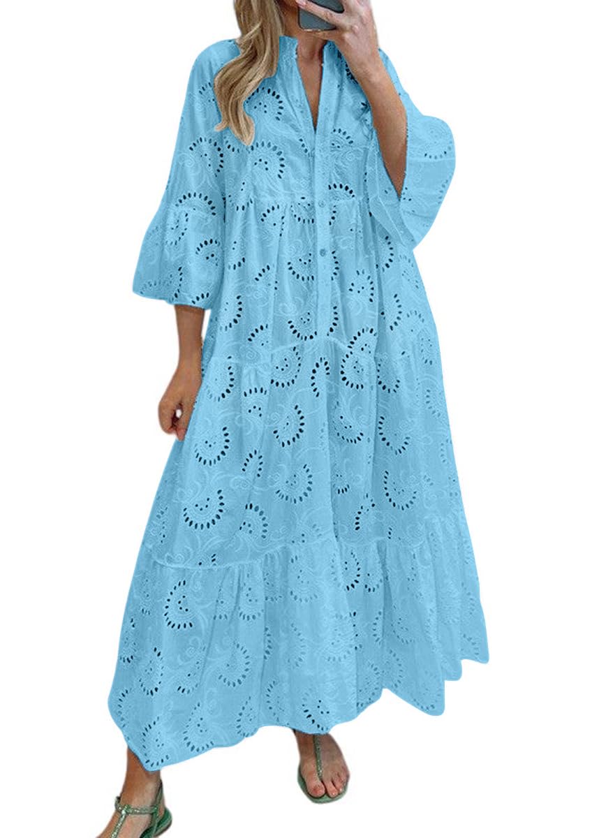 chouyatou Women's 2026 Lace Eyelet Embroidery Maxi Dress V-Neck Trumpet Sleeve Boho Flowy Swing Dress