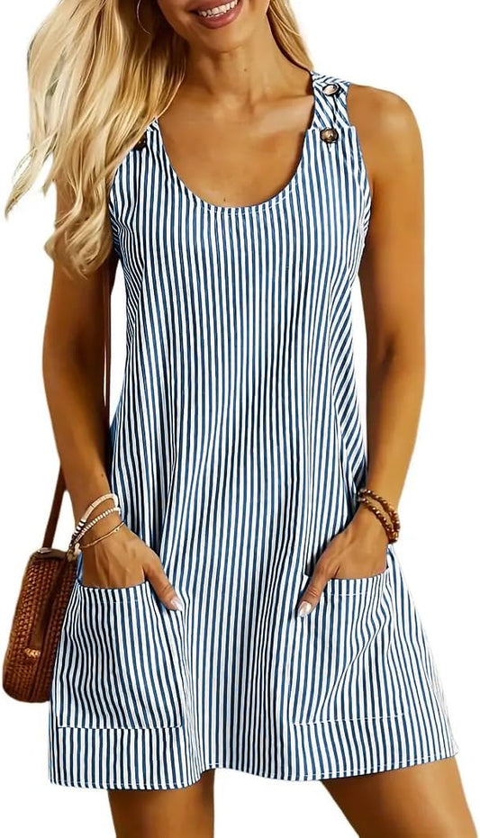 ETCYY NEW Womens Sleeveless Summer Dresses Casual U Neck Striped Sundresses