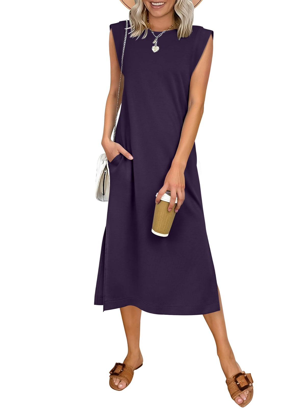 ANRABESS Womens Summer Casual Midi Dress Sleeveless Crewneck Loose Split Wrinkle-Free Beach Travel Vacation Long Sundress