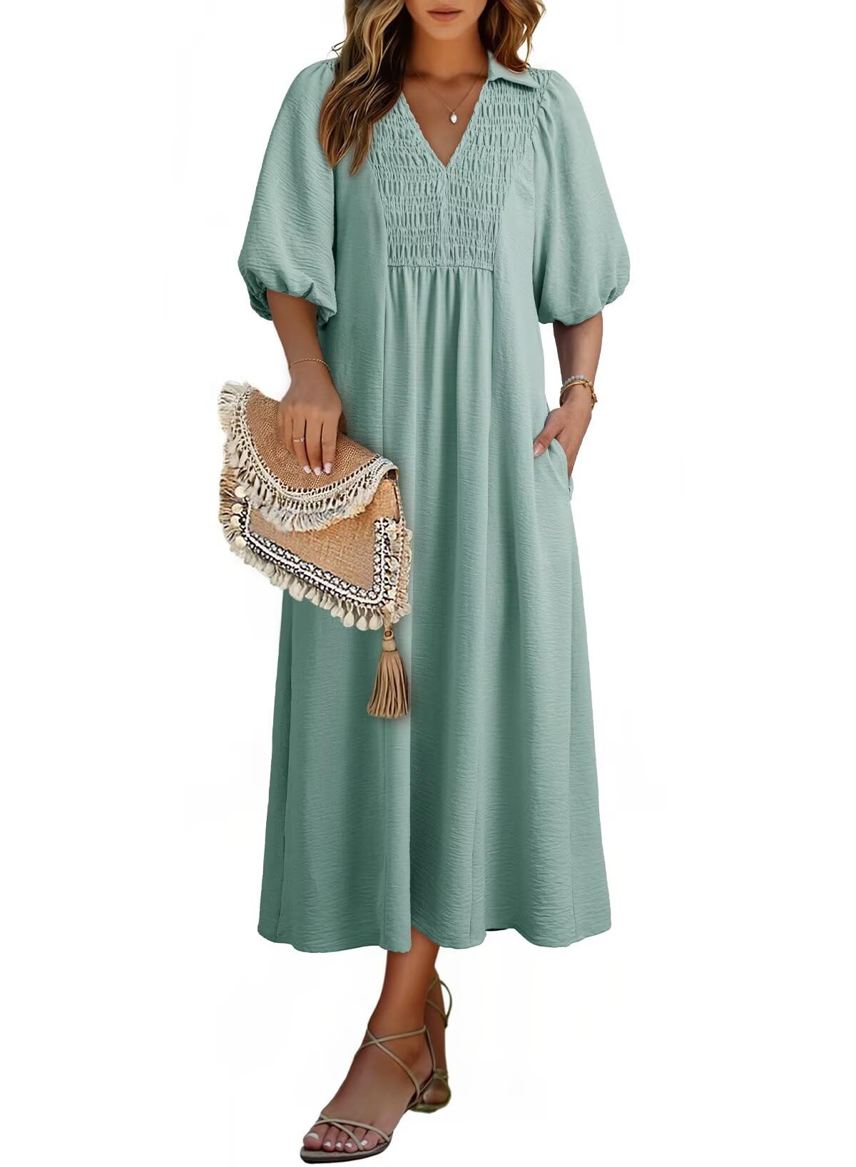 Dokotoo Summer Dresses for Women 2026 Casual Dresses V Neck Puff Sleeve Empire Waist A-Line Maxi Dress