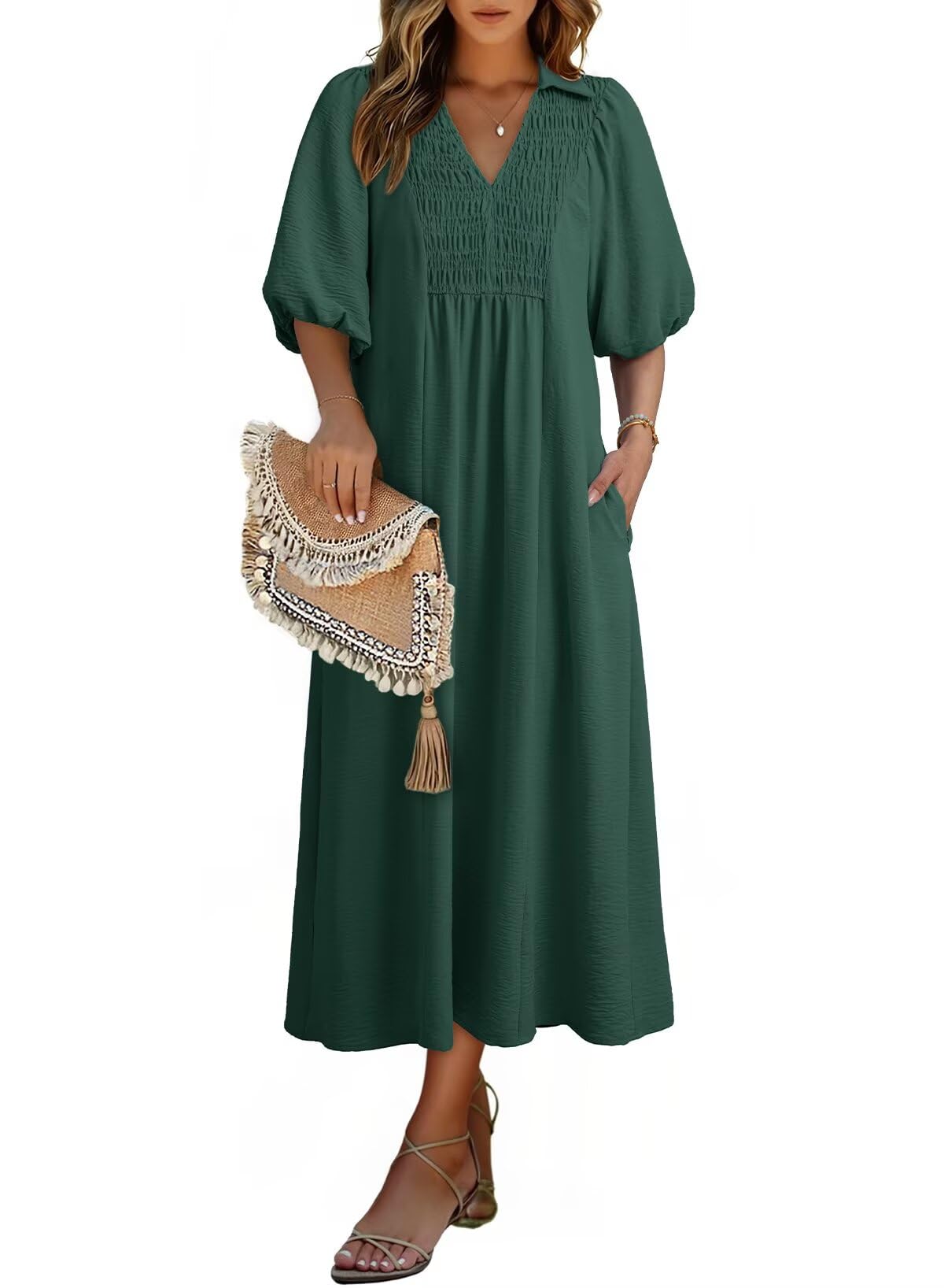 Dokotoo Summer Dresses for Women 2026 Casual Dresses V Neck Puff Sleeve Empire Waist A-Line Maxi Dress