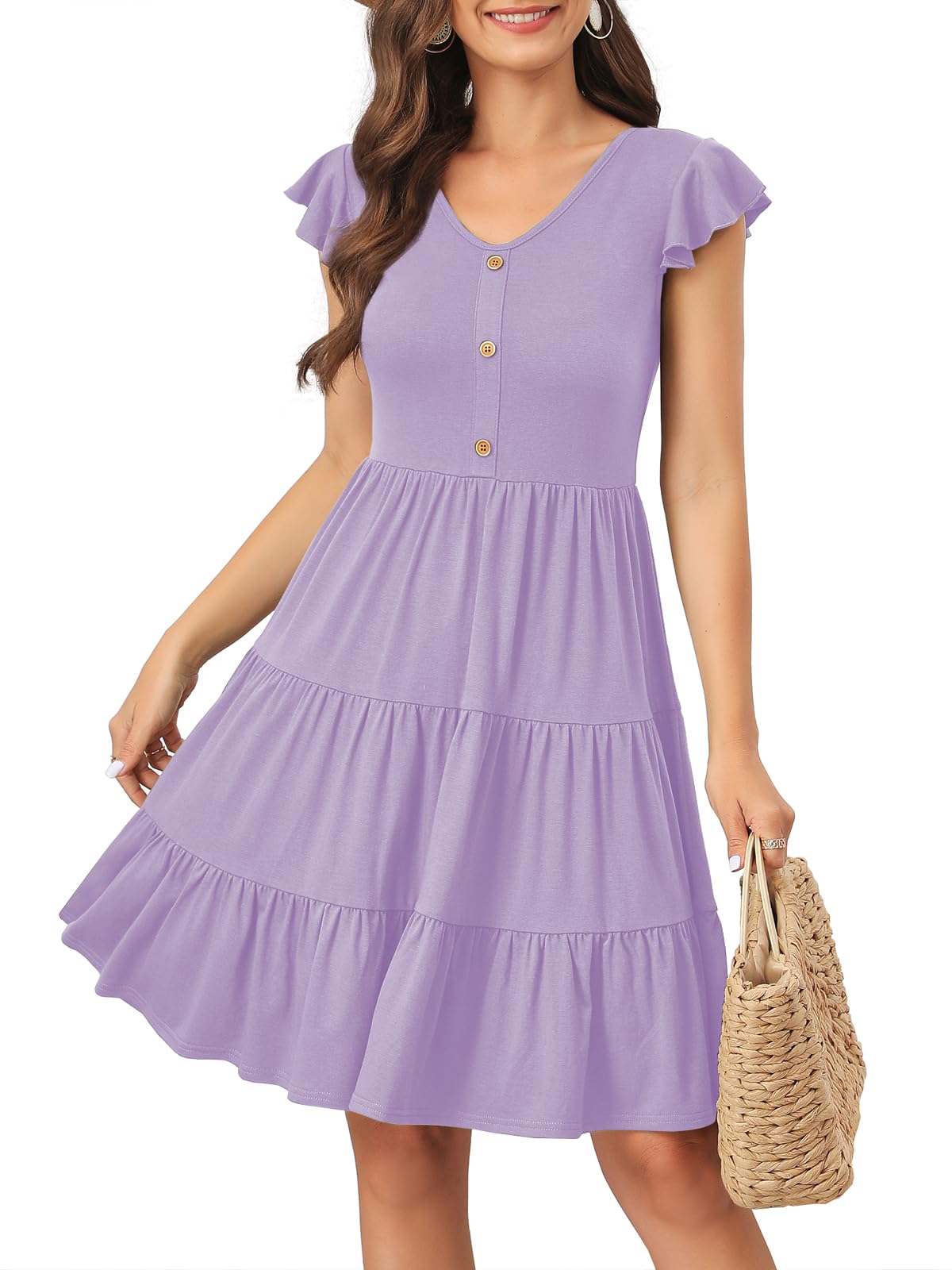 Lamilus Summer Dresses for Women 2026 Ruffle Sleeve V Neck Non-See Through Tiered Babydoll Mini Dress Graduation Beach