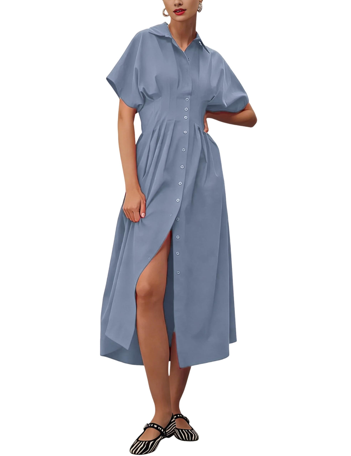 Yeokou Shirt Dress for Women Summer Casual Short Sleeve Button Down Loose Pleated Maxi Sundress with Pockets