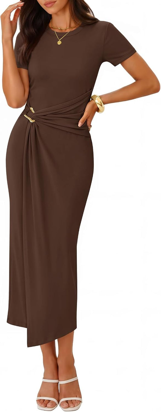 ZESICA Women's Summer Short Sleeve Wrap Cocktail Midi Dress