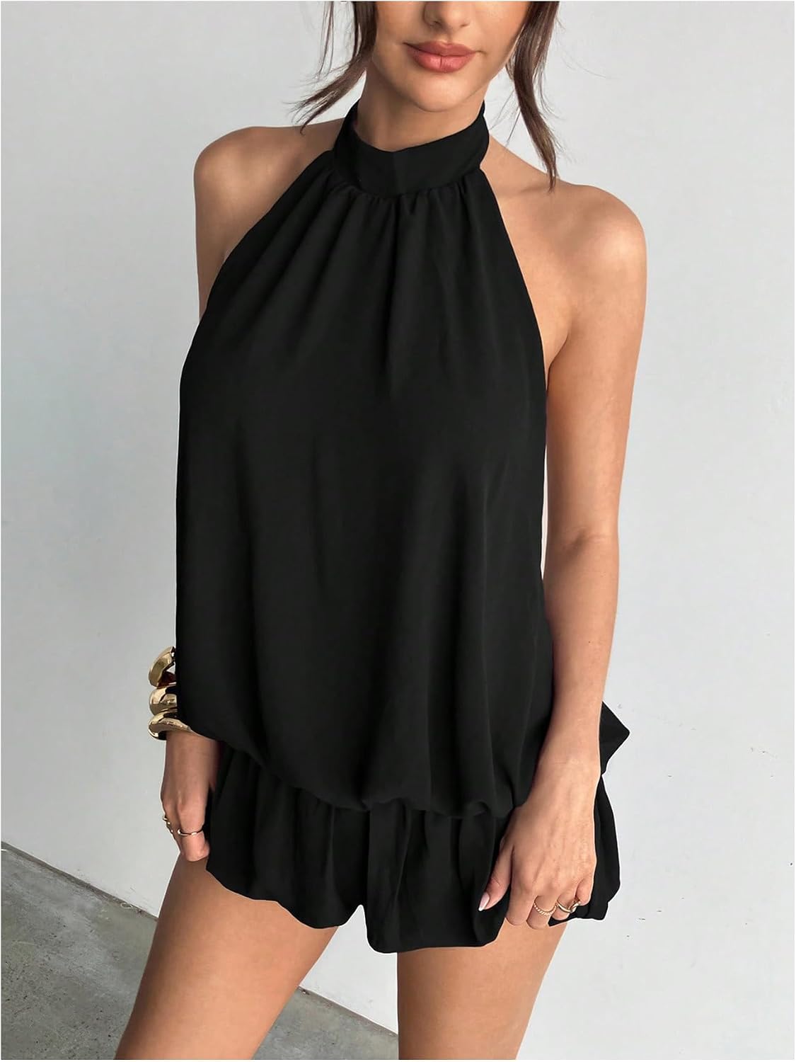 Floerns Women Backless Sleeveless Ruffle Bubble Hem Mesh Halter Mini Dress