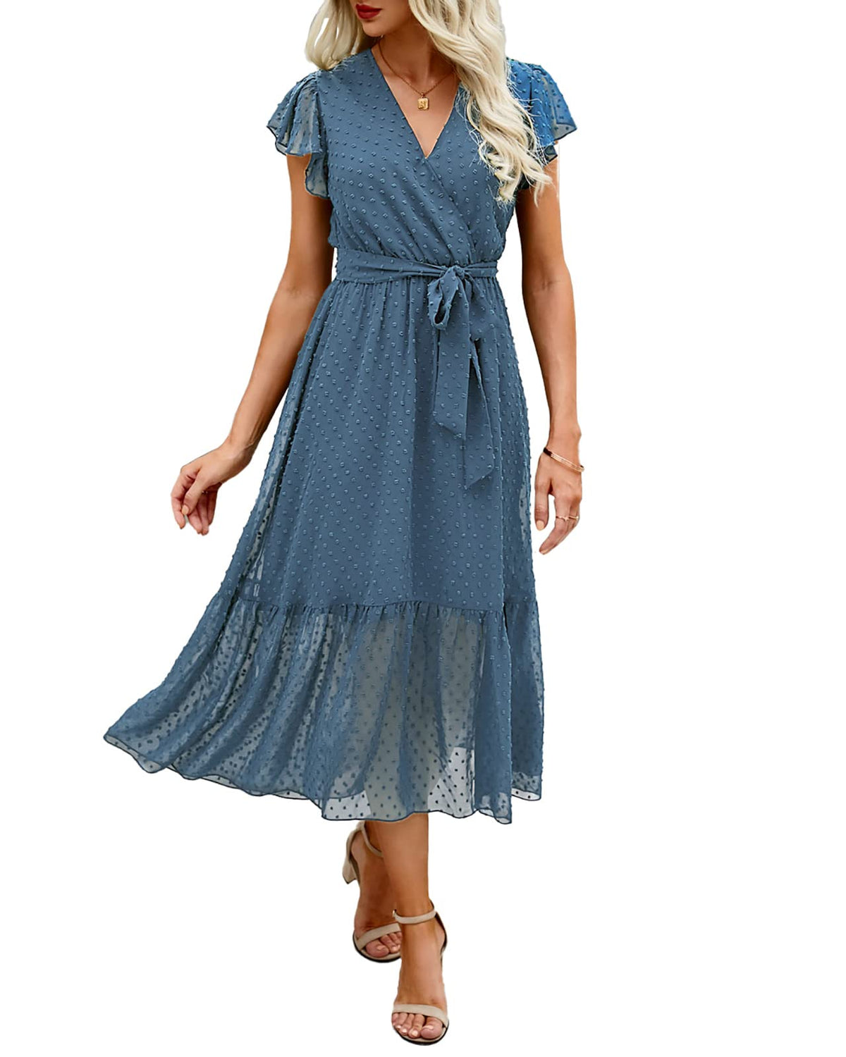 BTFBM Women Summer Casual Wrap V Neck Ruffle Cap Sleeve Belted Midi Dress