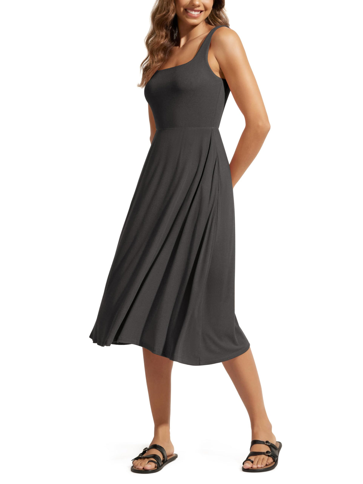 ODODOS Square Neck Midi Dress with Pockets for Women Summer Casual Sleeveless Sundress Flare Tank Dress