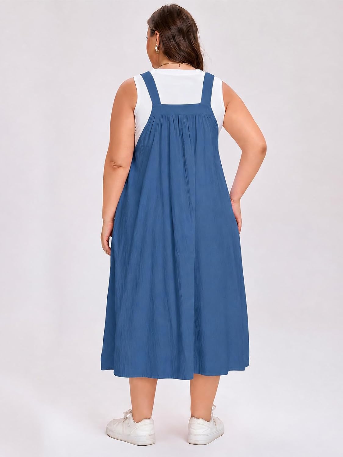 Moon Wood Plus Size Cotton Overall Dress for Women Casual Maxi Dress Adjustable Strap Jumper Dress with Pockets