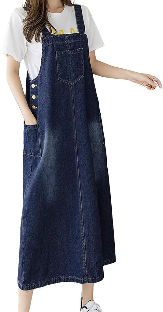 ebossy Women's Patchwork Denim Bib Overall Casual Button Jean Maxi Long Pinafore Dress With Pocket