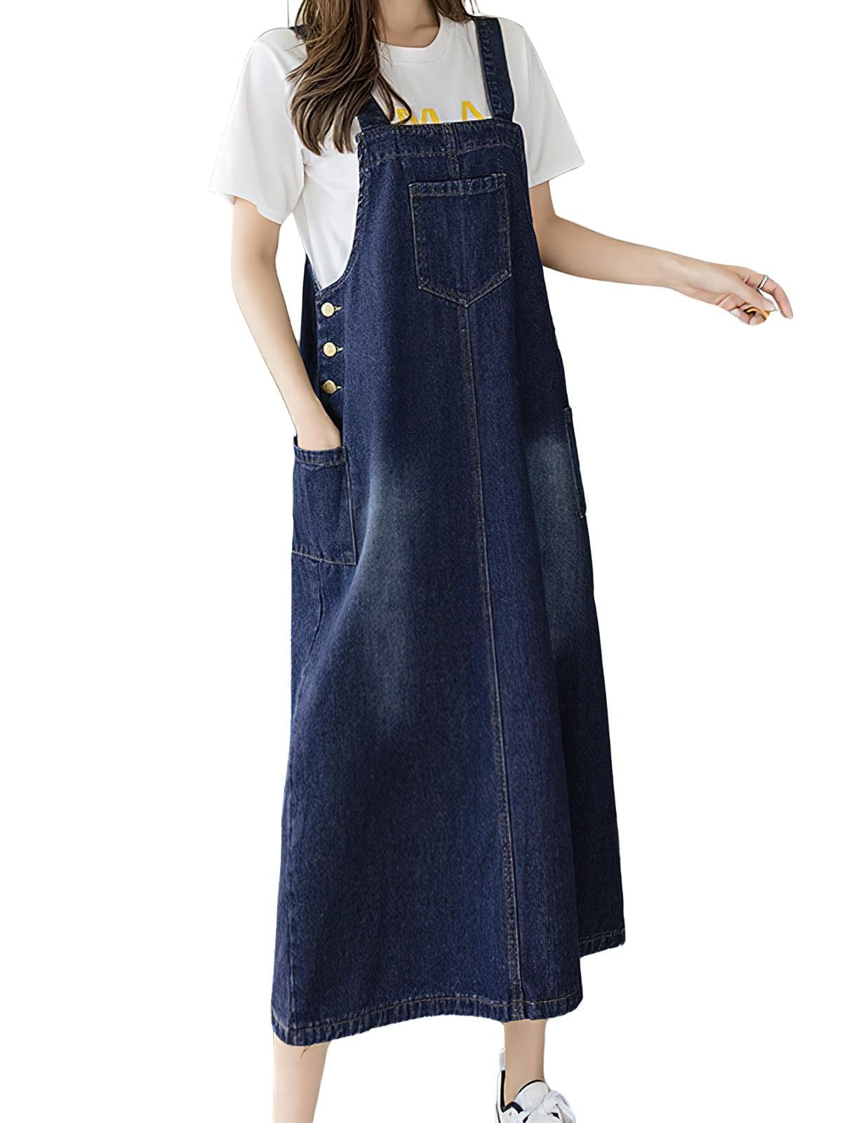 ebossy Women's Patchwork Denim Bib Overall Casual Button Jean Maxi Long Pinafore Dress With Pocket