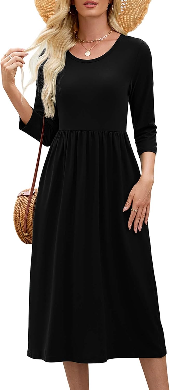 Heymoments Women's Casual 3/4 Sleeve Midi Dress with Pockets