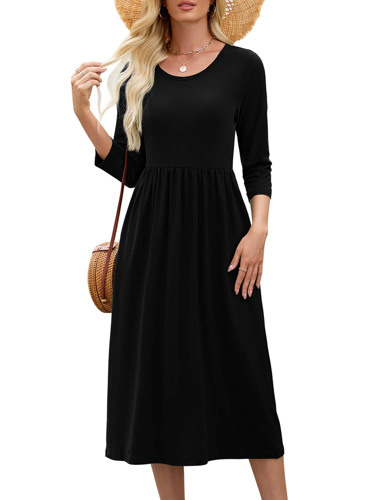 Heymoments Women's Casual 3/4 Sleeve Midi Dress with Pockets