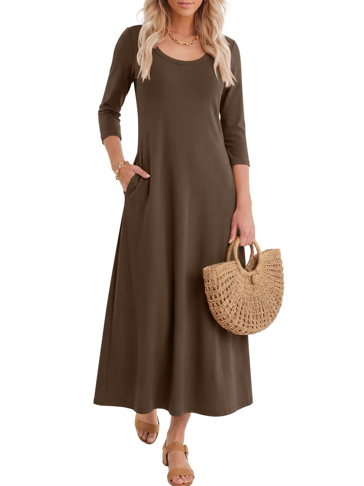 ANRABESS Womens 3/4 Sleeve Scoop Neck Casual Maxi Dress