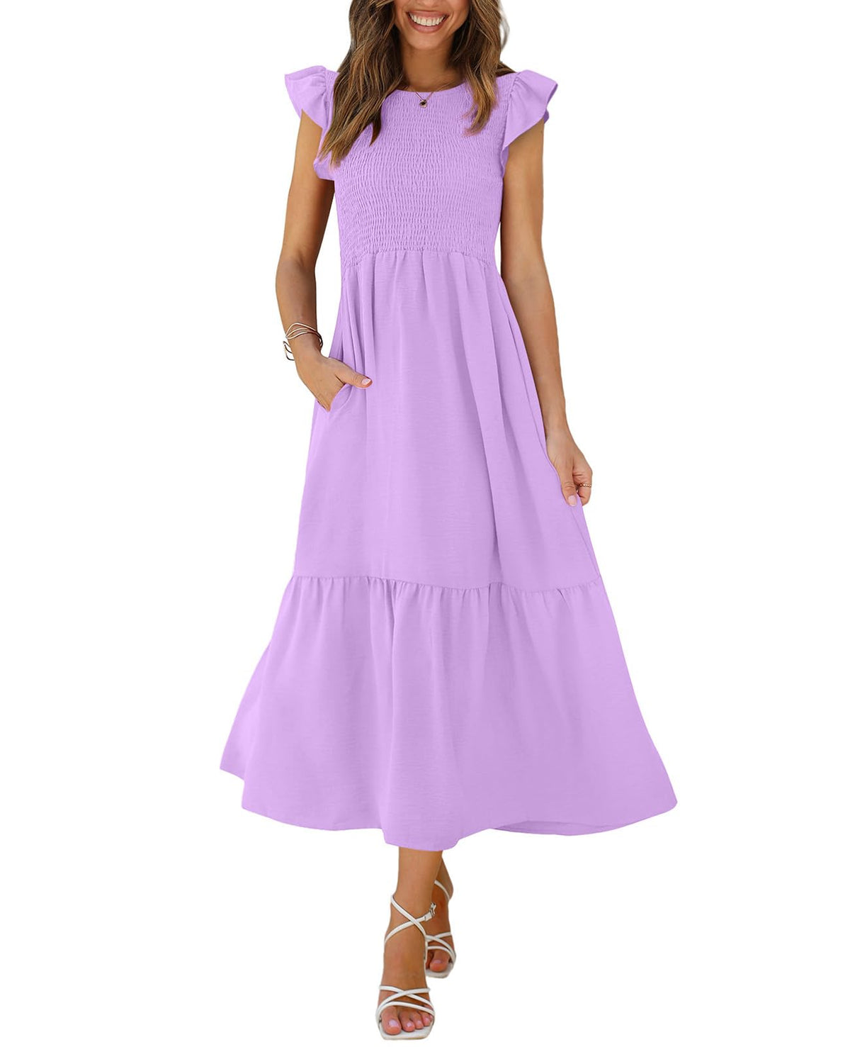 OFEEFAN Women's Casual Maxi Dresses with Pockets Ruffle Sleeve Smocked Dress XS-2XL