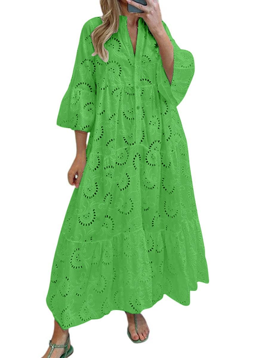 chouyatou Women's 2026 Lace Eyelet Embroidery Maxi Dress V-Neck Trumpet Sleeve Boho Flowy Swing Dress