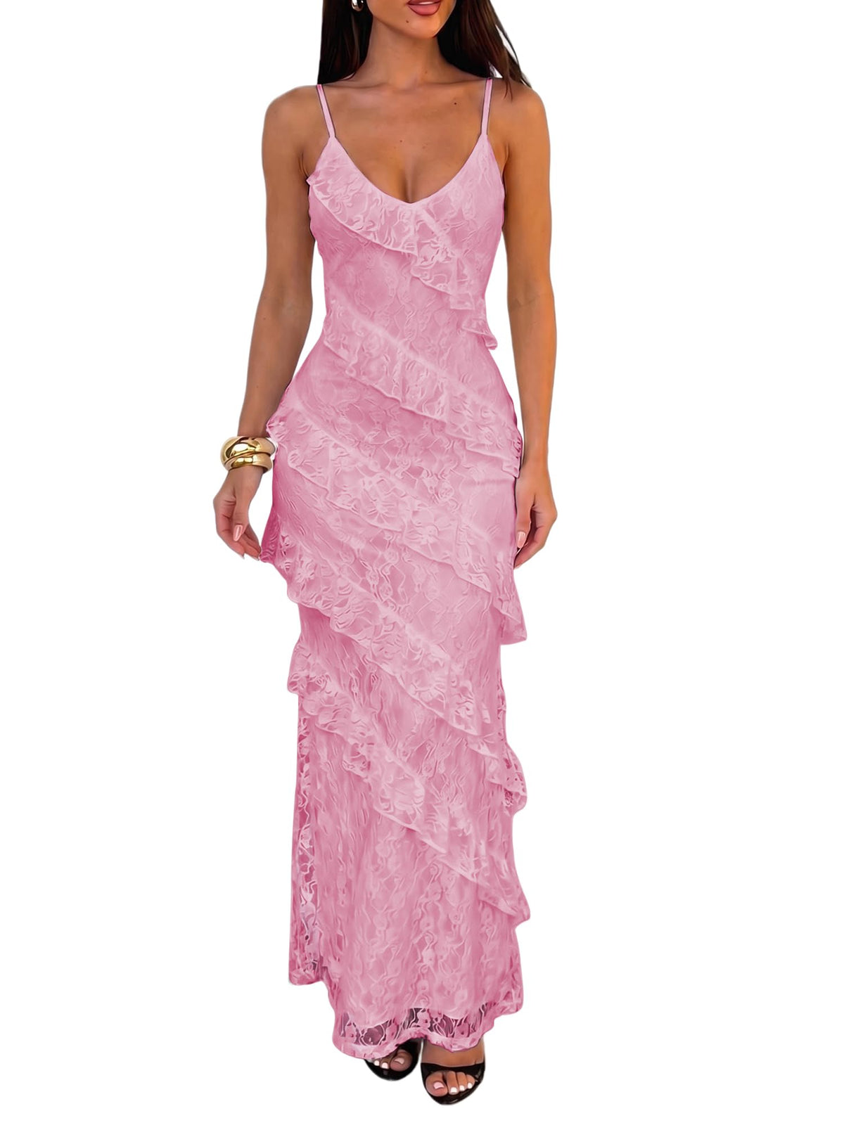 HOCILLE Women's Sexy V Neck Floral Wedding Guest Cocktail Maxi Dress
