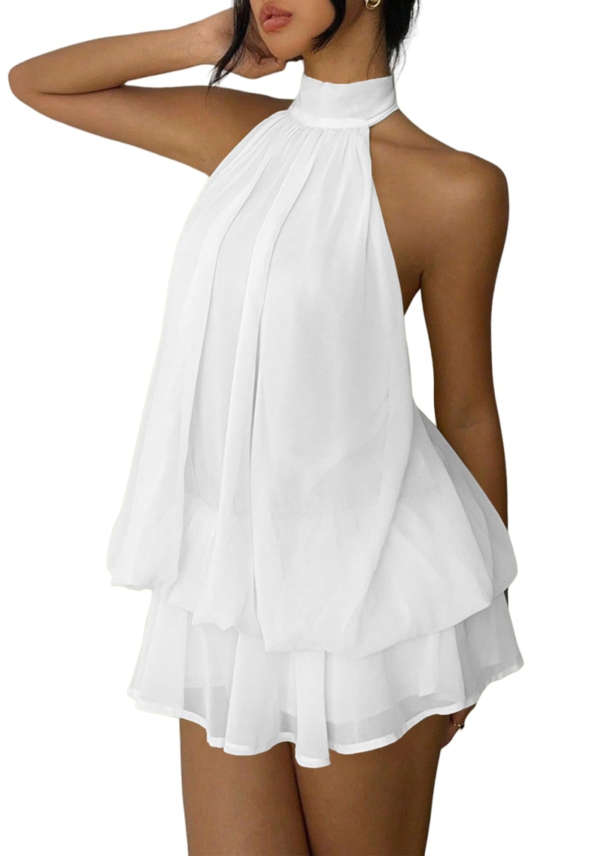 Women's Chiffon Halter Drop Waist Mini Dress Wedding Guest Dresses Ruffle Formal Holiday Club Brunch Outfits