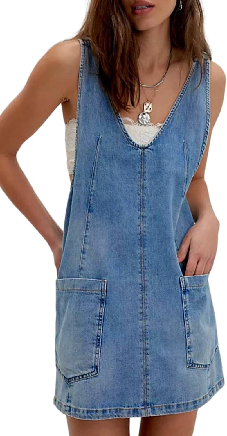 yoeasy Women's V Neck Sleeveless Denim Overall Dress Adjustable Strap Summer Mini Pinafore Jean Dress with Pockets