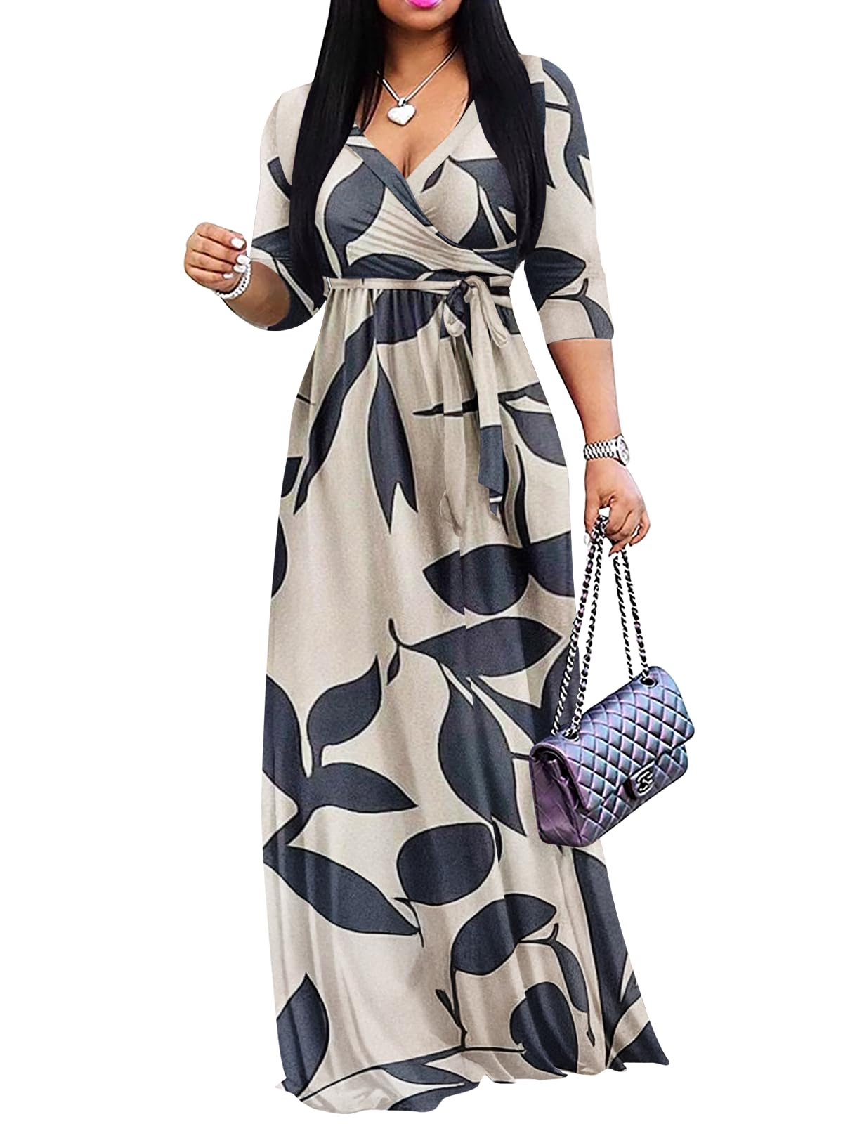 Yajedo Womens Casual Summer Maxi Dress Plus Size Sexy Wrap V Neck 3/4 Sleeve Sundress with Pockets