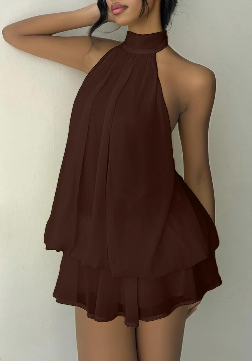 SHINFY Women's Chiffon Halter Flowy Ruffle Backless Birthday Mini Dress