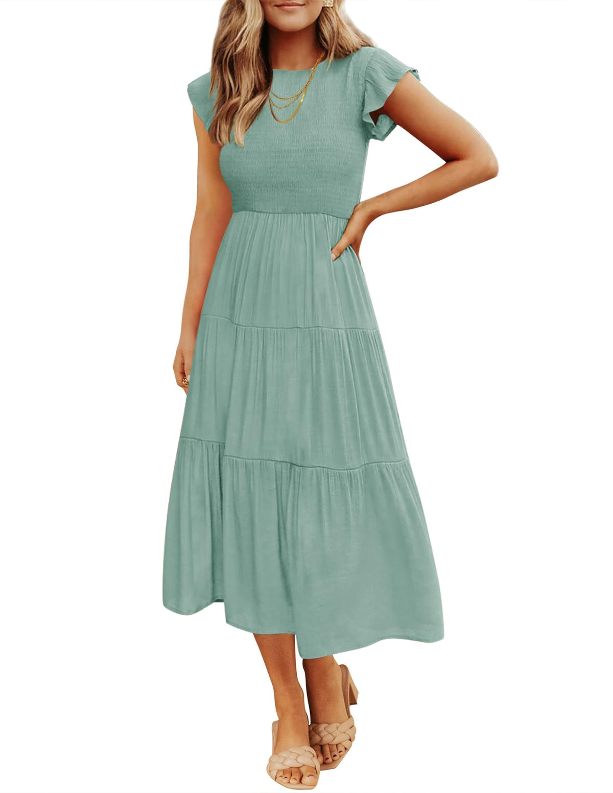 ZESICA Women's 2026 Summer Casual Flutter Short Sleeve Smocked Midi Dress