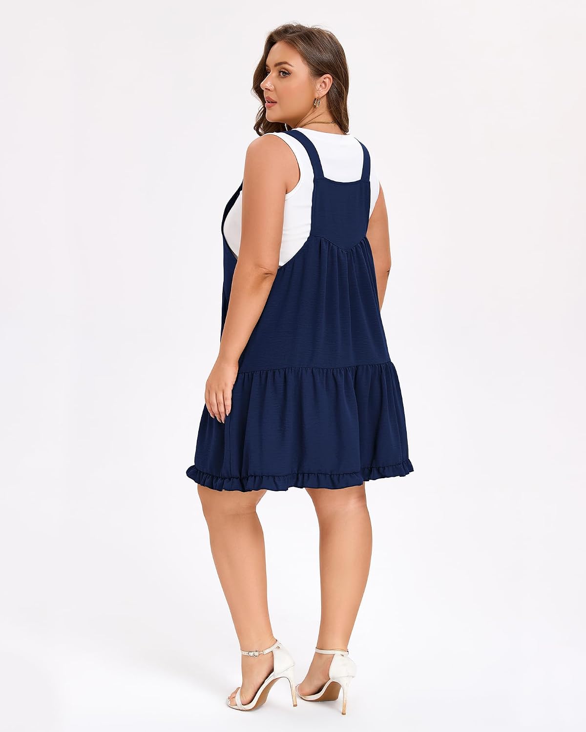 Moon Wood Plus Size Overall Dress for Women Adjustable Straps Jumper Pinafore Dress with Pockets Summer Mini Short Dress