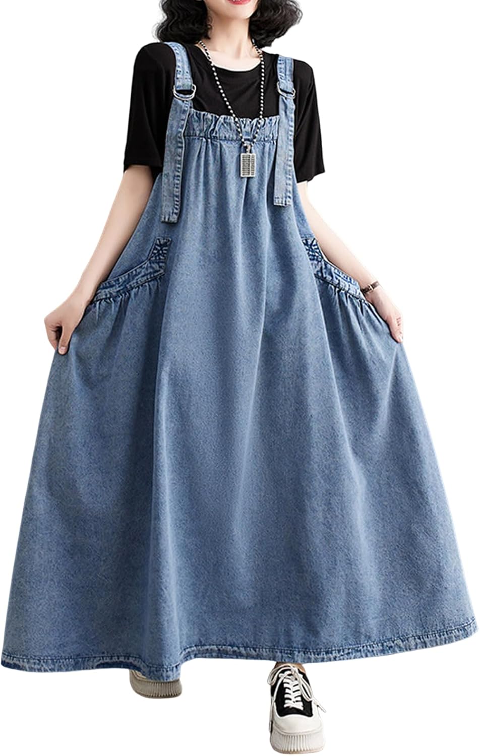 Women's Casual Loose Denim Dress Sleeveless Adjustable Straps Denim Jumper Dress with Pockets