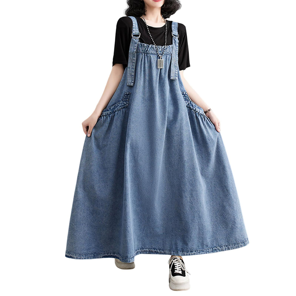 Women's Casual Loose Denim Dress Sleeveless Adjustable Straps Denim Jumper Dress with Pockets