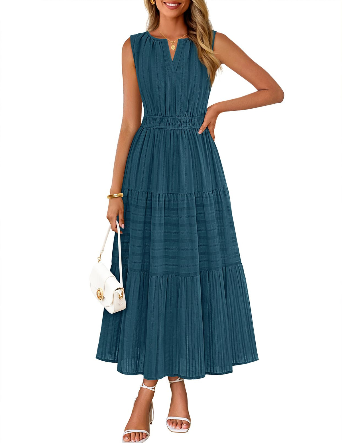 MEROKEETY Summer Casual Sleeveless V Neck Midi Maxi Cotton Dress Women 2026