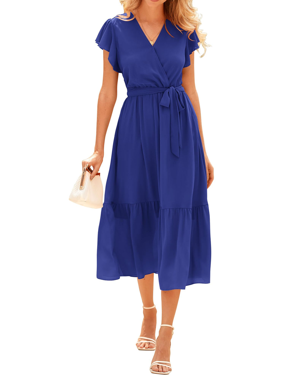 BTFBM Women Summer Casual Wrap V Neck Ruffle Cap Sleeve Belted Midi Dress