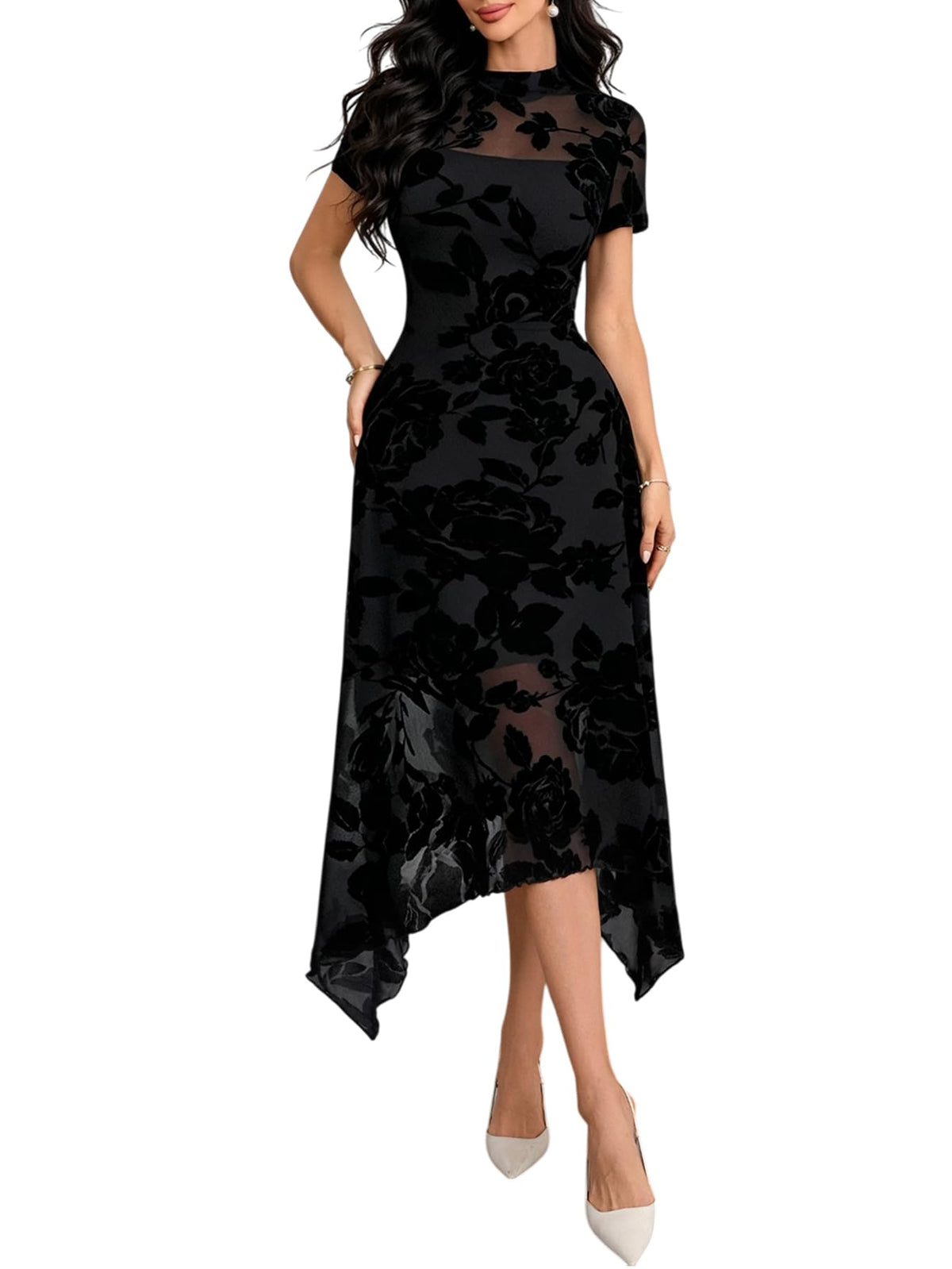 GothDark Women Summer Wedding Guest Floral Mesh Irregular Hem Midi Dress