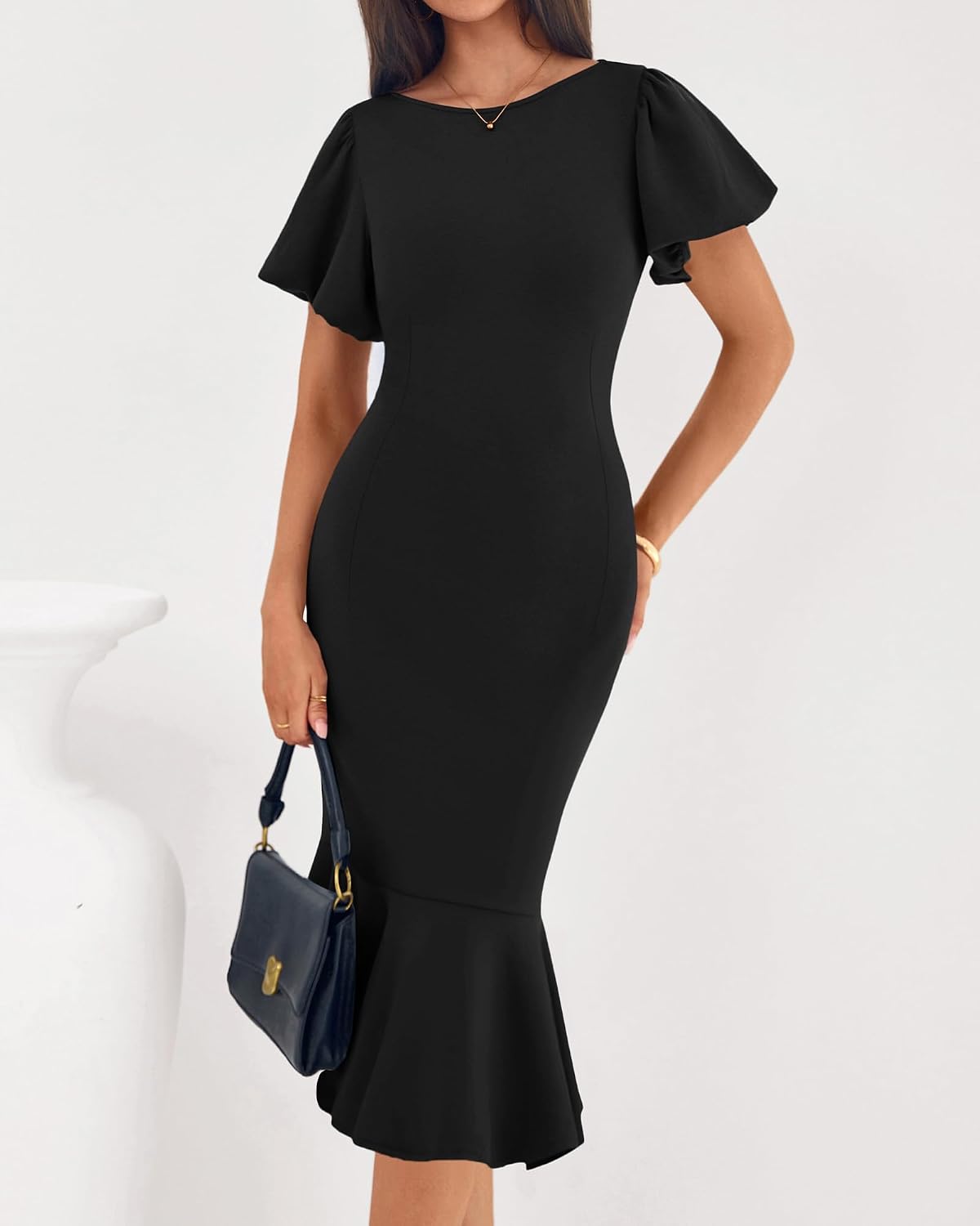 BTFBM Women Short Sleeve Bodycon Ruffle Mermaid Midi Dress