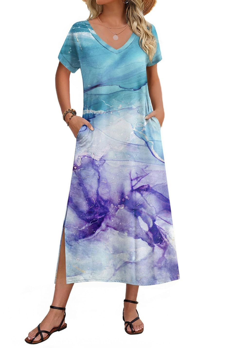 Zeagoo Women Summer Floral Dress Short Sleeve Beach Dress with Pockets Casual V-Neck Split Long T-Shirt Dress Travel Vacation