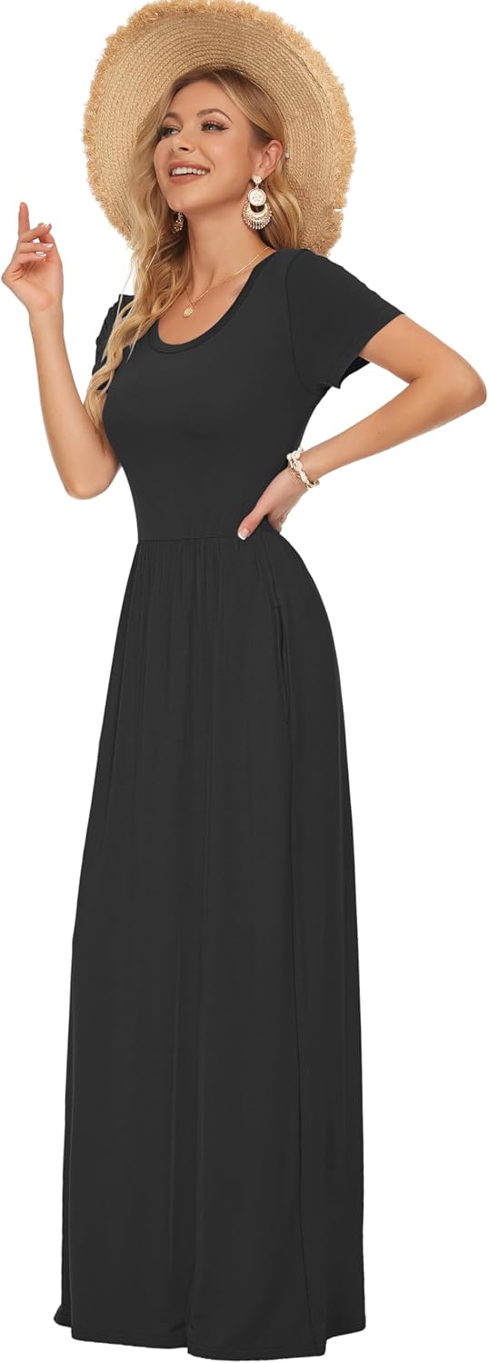 AUSELILY Women's Summer Short Sleeve Loose Plain Casual Long Maxi Dresses