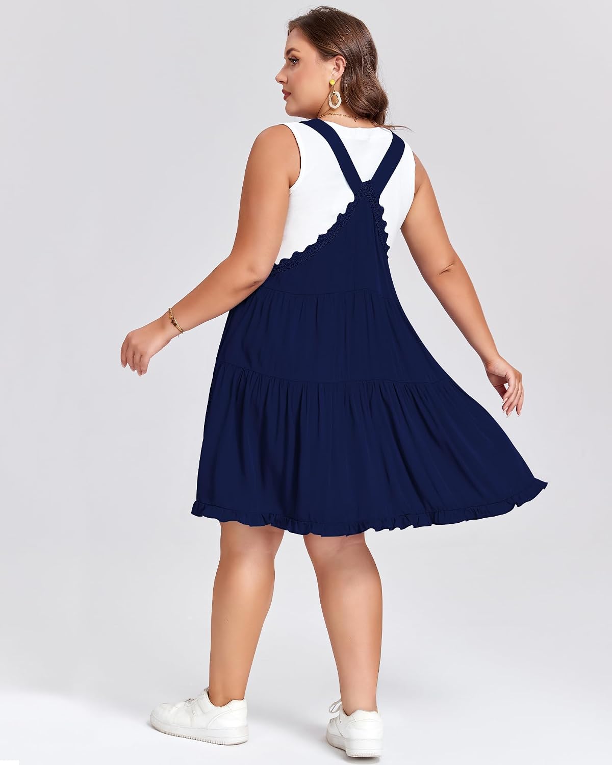 Moon Wood Plus Size Overall Dress for Women Adjustable Straps Lace Trim Jumper Dress with Pockets Tiered Mini Dress