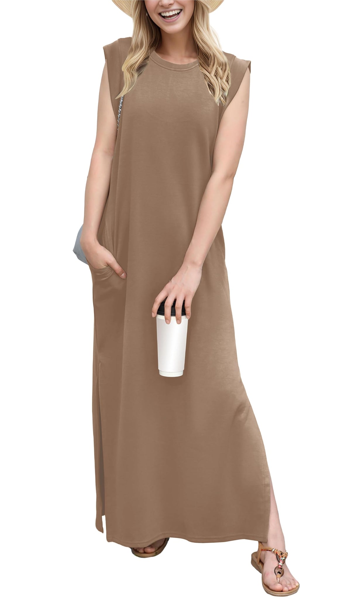 GRECERELLE 2026 Women Year-Round Casual Round Neck Loose Split Wrinkle-Free Long Maxi Vacation Dress with Pockets (XXS-4XL)