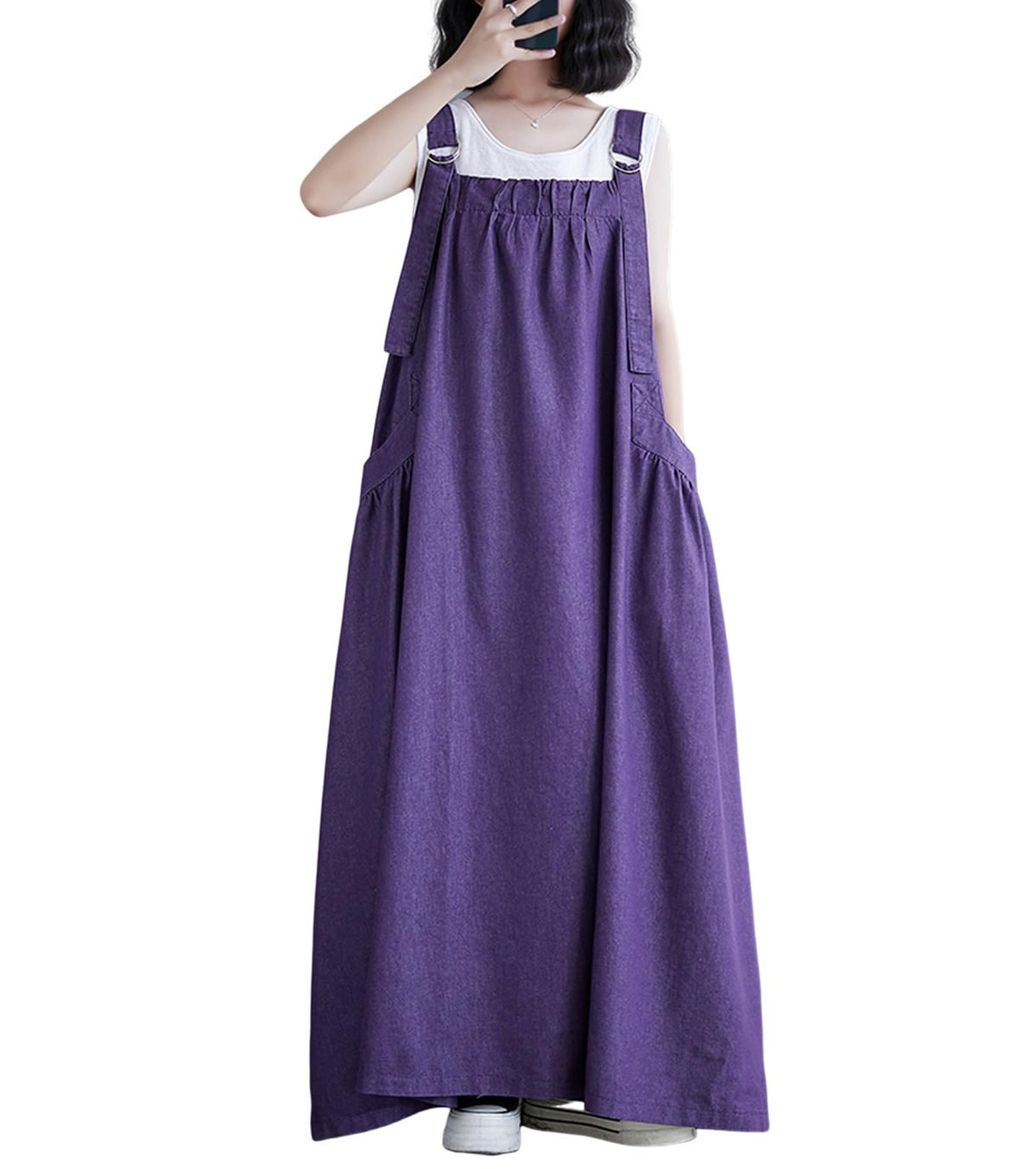 Women's Casual Loose Denim Dress Sleeveless Adjustable Straps Denim Jumper Dress with Pockets