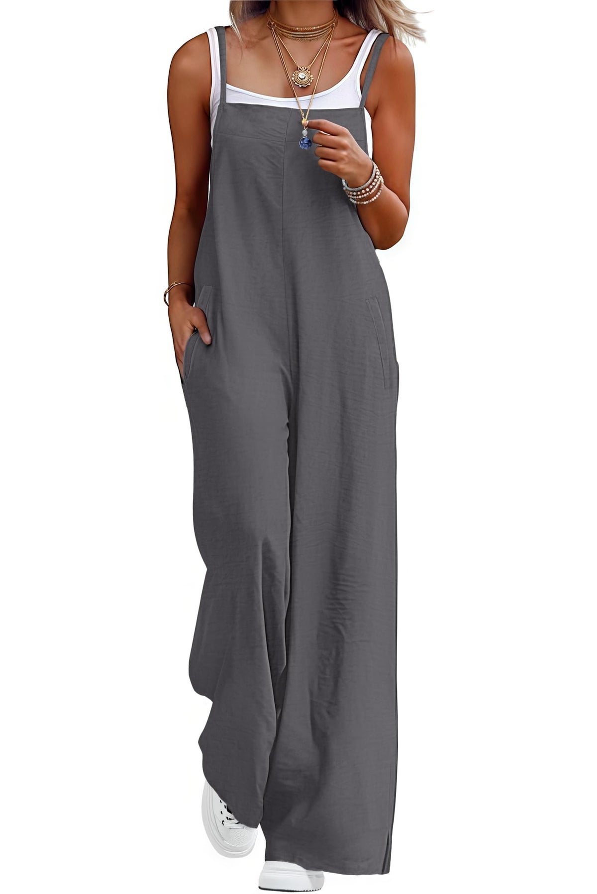 Lepunuo Womens Casual Loose Jumpsuits Summer Boho Wide Leg Rompers Sleeveless Overalls with Pockets