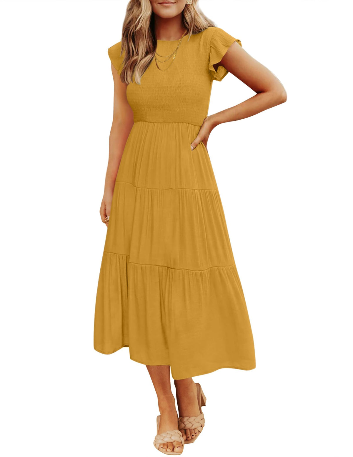 ZESICA Women's 2026 Summer Casual Flutter Short Sleeve Smocked Midi Dress