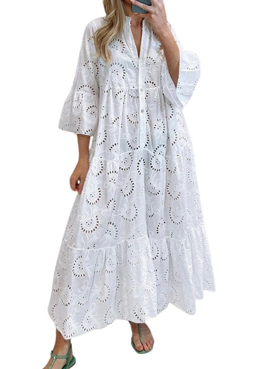 chouyatou Women's 2026 Lace Eyelet Embroidery Maxi Dress V-Neck Trumpet Sleeve Boho Flowy Swing Dress