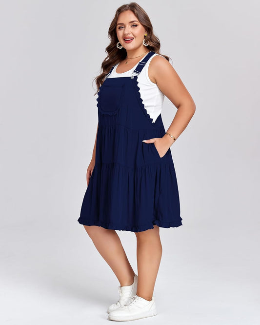 Moon Wood Plus Size Overall Dress for Women Adjustable Straps Lace Trim Jumper Dress with Pockets Tiered Mini Dress