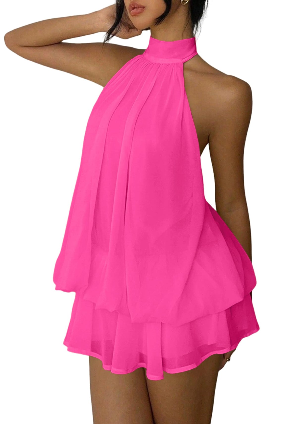 Women's Chiffon Halter Drop Waist Mini Dress Wedding Guest Dresses Ruffle Formal Holiday Club Brunch Outfits