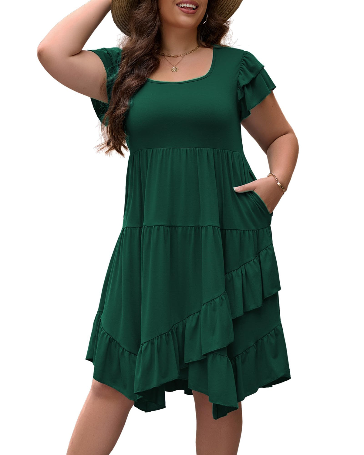 Womens Plus Size Casual Dress Square Neck Double Ruffle Short Sleeves 2 Pockets Ruffled Hem Flowy Dresses