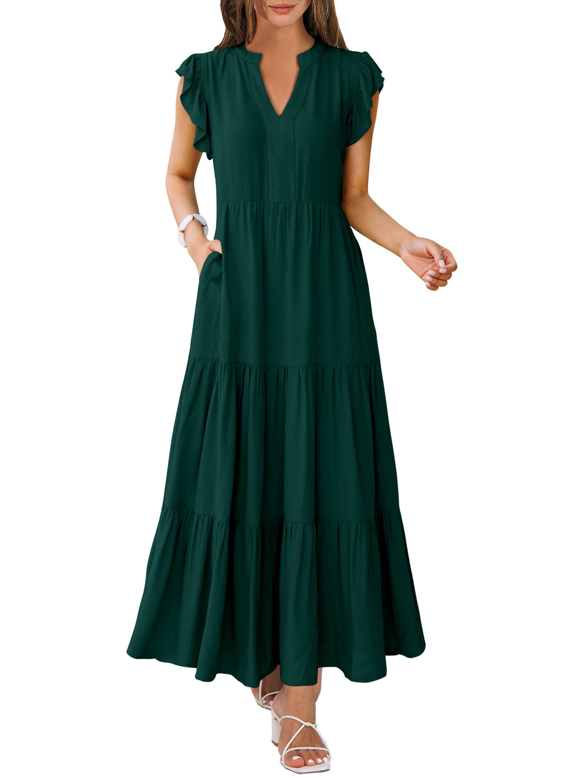 ANRABESS Womens Summer Dress Ruffle Sleeve V Neck Vacation Maxi Dresses