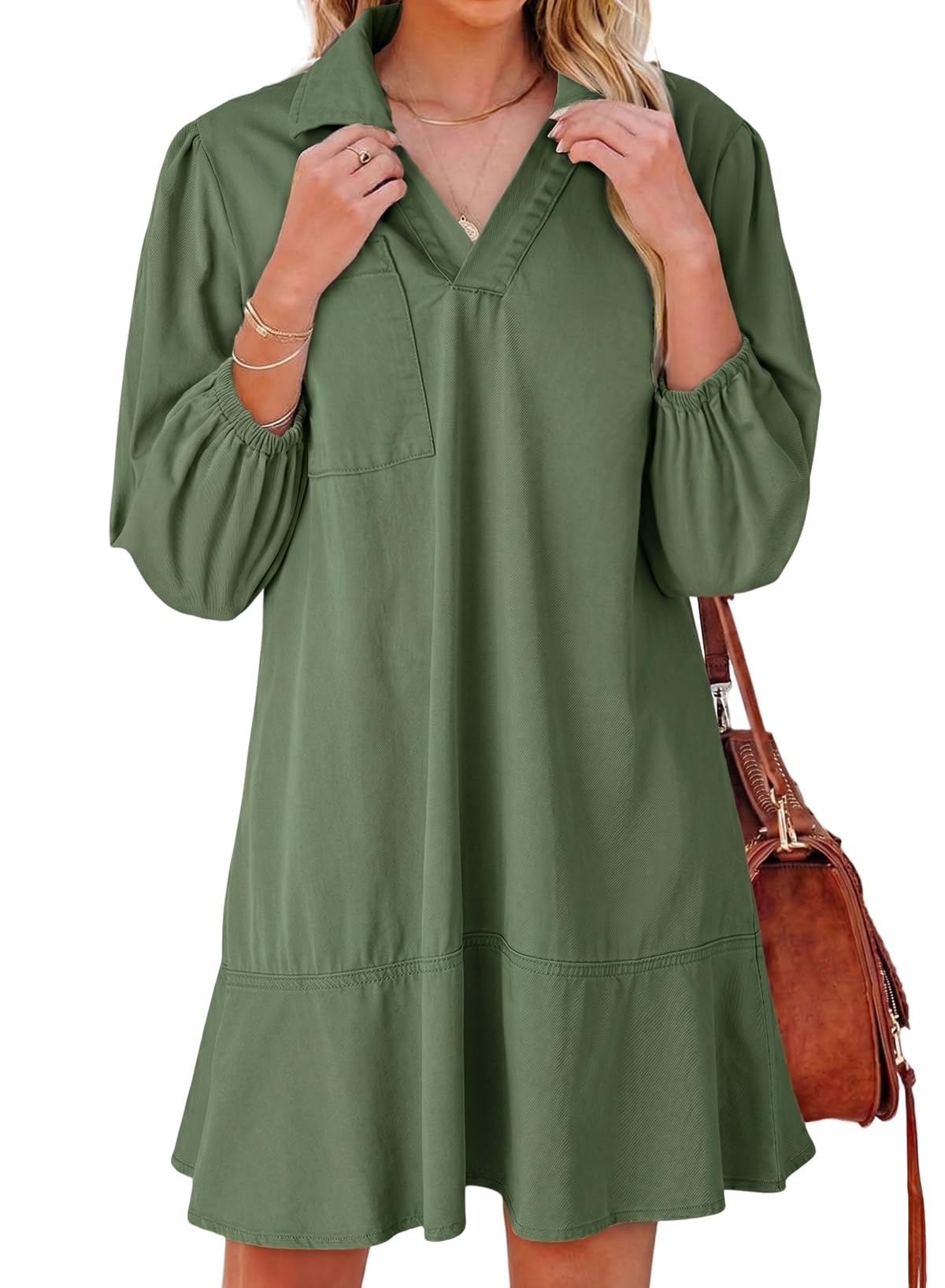Dokotoo Denim Dress for Women Fall 3/4 Puff Sleeve Babydoll Jean Dress