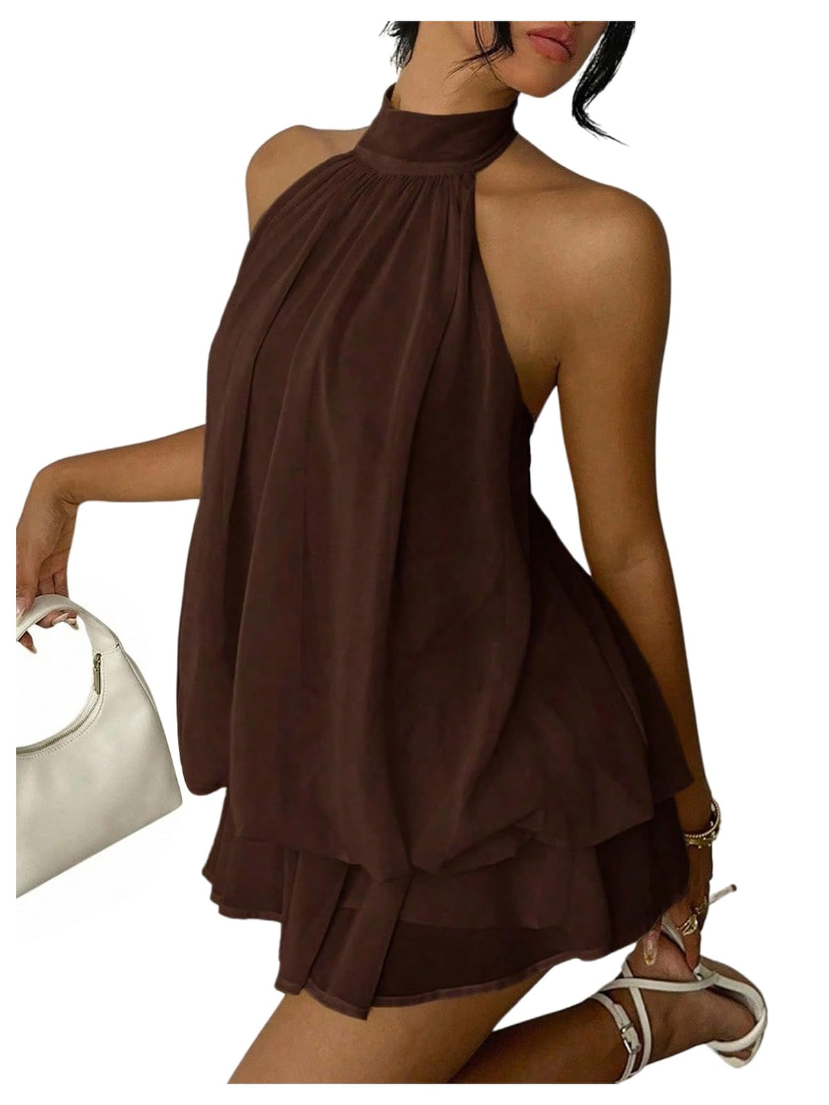 Verdusa Women's Chiffon Halter Drop Waist Flowy Wedding Guest Mini Dresses