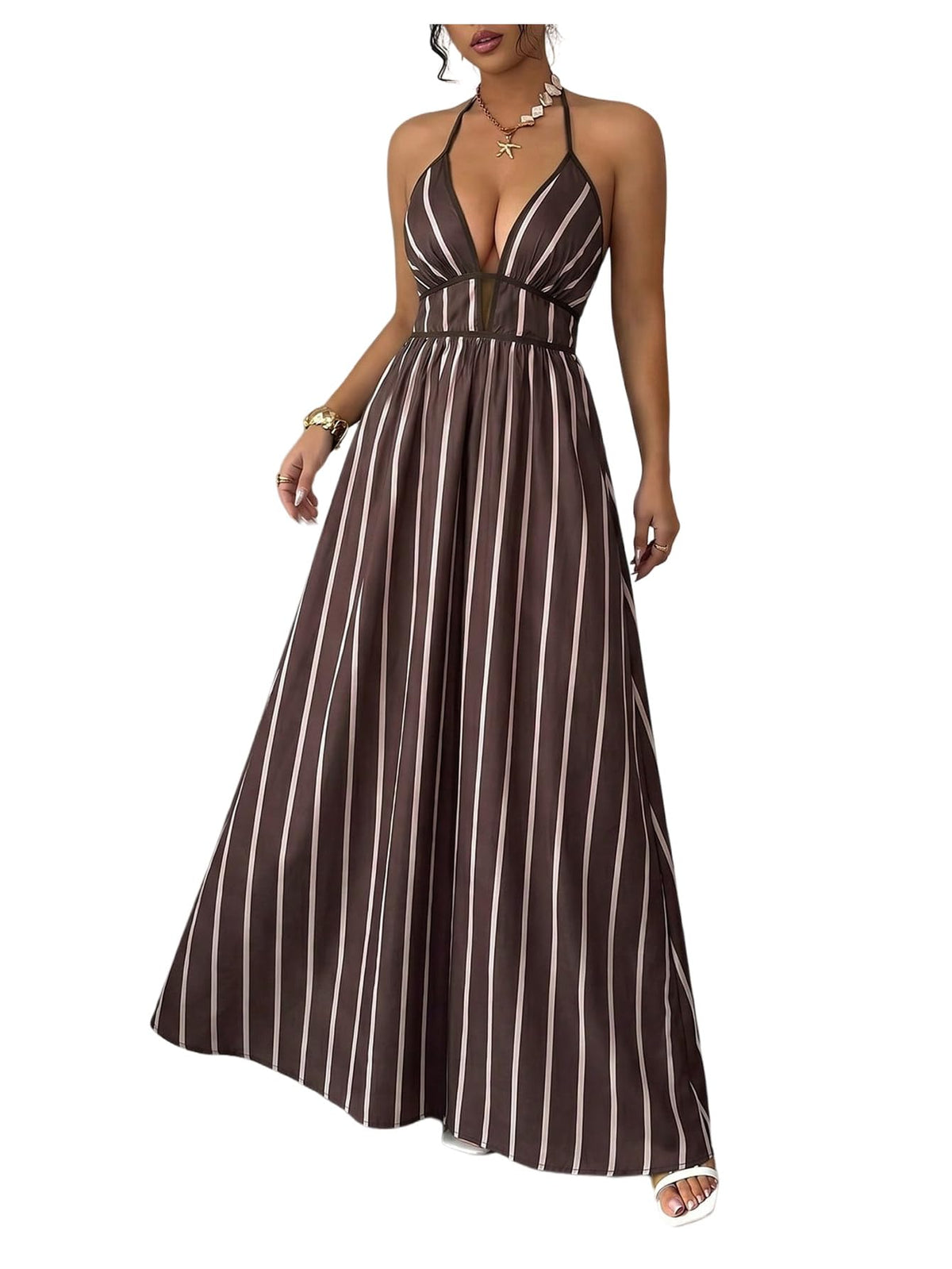 Floerns Women's Striped Halter Maxi Dress Backless Smocked Boho Dress