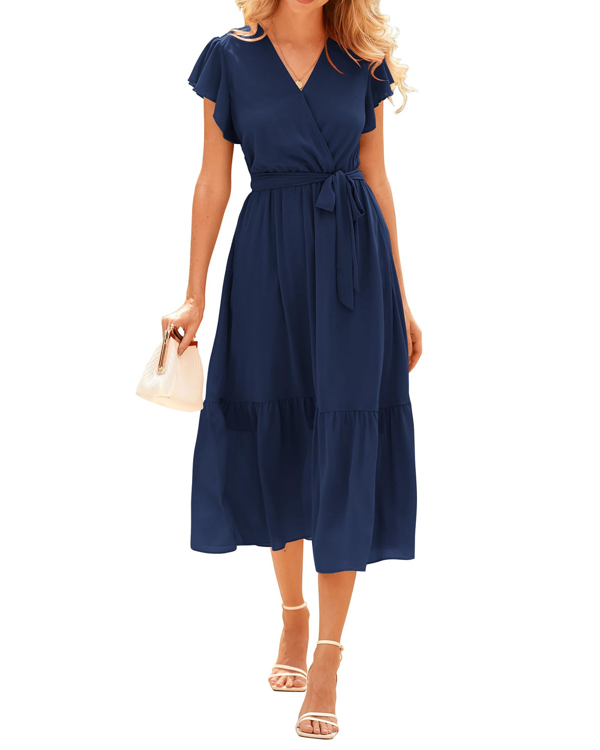 BTFBM Women Summer Casual Wrap V Neck Ruffle Cap Sleeve Belted Midi Dress