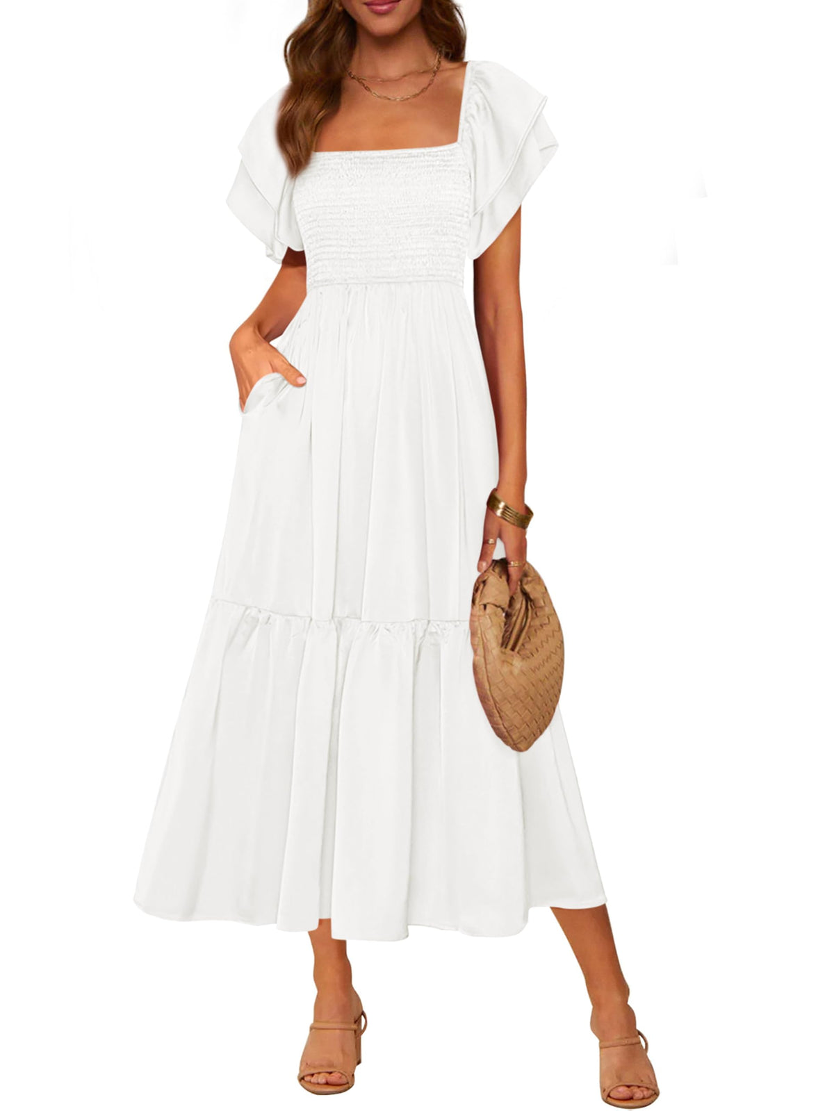 MASCOMODA Womens Summer Casual Smocked Flowy Midi Dress